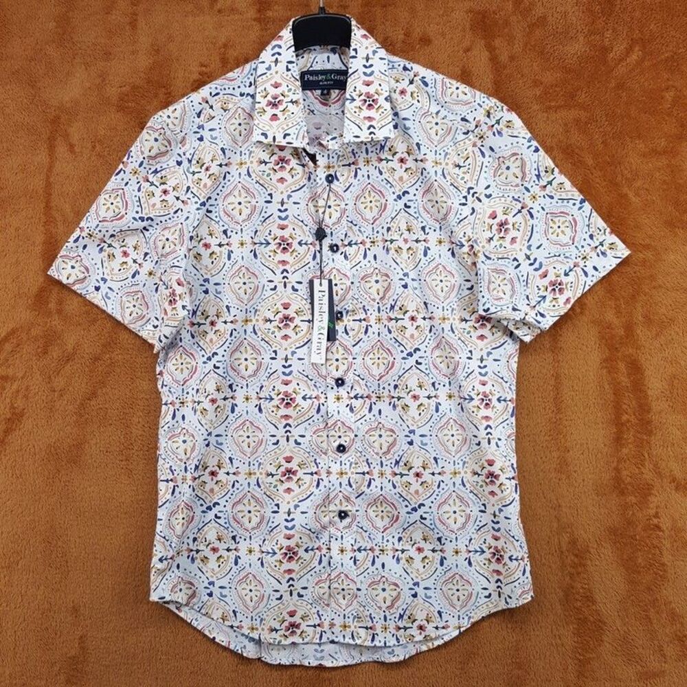PAISLEY & GRAY Button Shirt Mens Size 15 White Floral Damask Medallion Slim Fit
